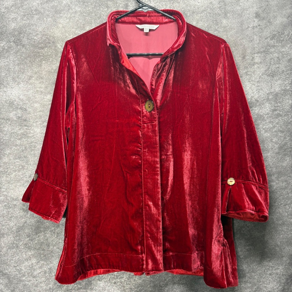 John Mark Plush Red Velvet Button Up Shirt Top Womens PM 3/4 Sleeve Holiday Luxe